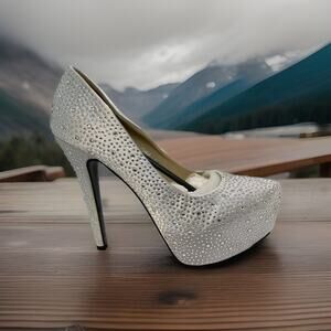 Women's Giselle-11 Rhinestone Studded Silver Satin Platform Pump 6.5" Heel-SZ 7
